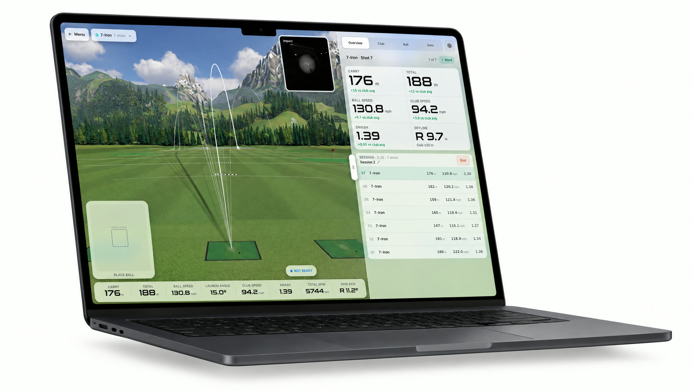 Skymo Flow auf einem Laptop: 3D-Driving-Range mit Ballflug-Tracern und Schlagdaten
