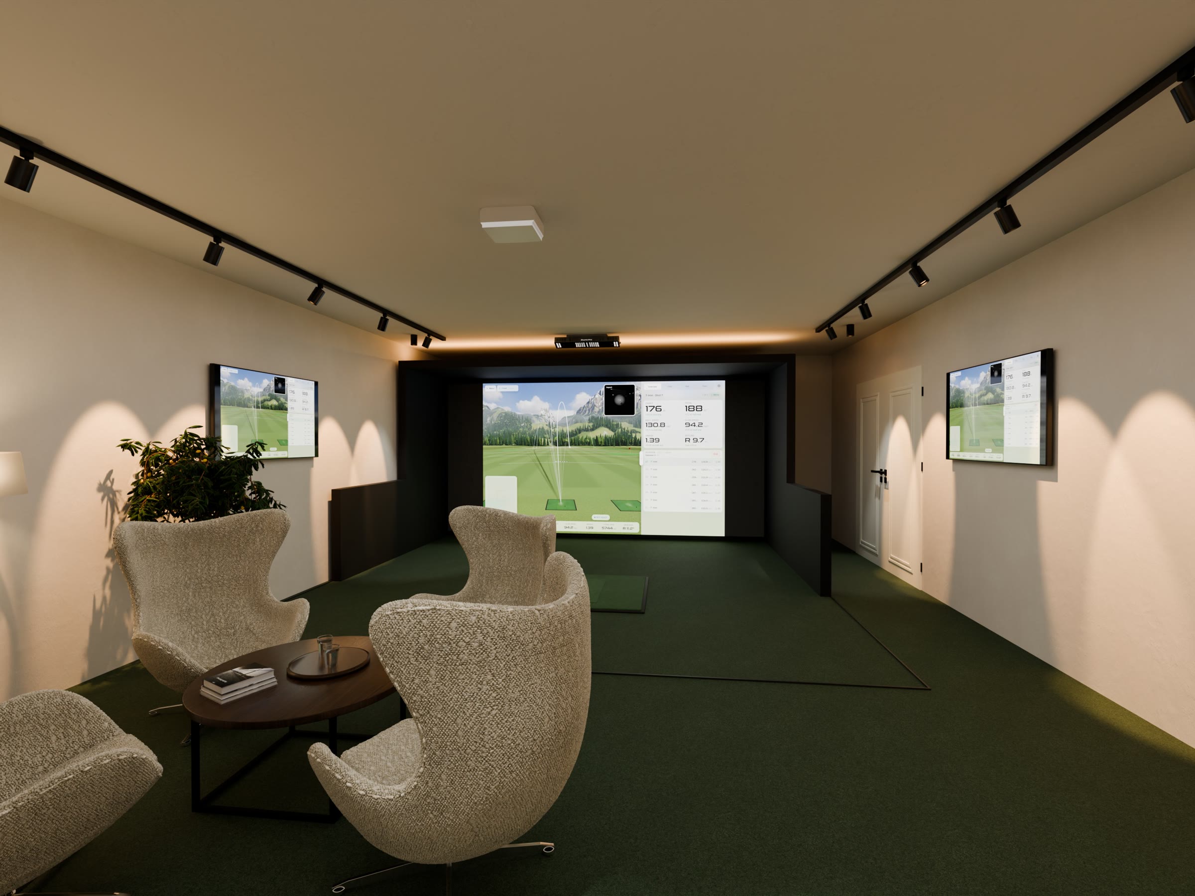 Golfsimulator-Raum mit Skymo Pro an der Decke und Skymo Flow auf Leinwand und zwei Bildschirmen